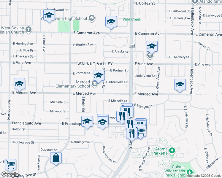 map of restaurants, bars, coffee shops, grocery stores, and more near 1148 South Rimsdale Drive in West Covina