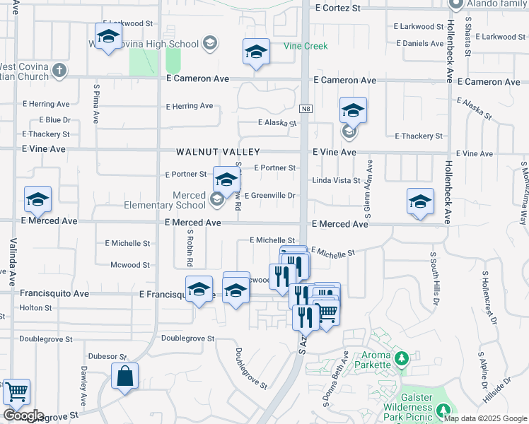 map of restaurants, bars, coffee shops, grocery stores, and more near 1148 South Rimsdale Drive in West Covina
