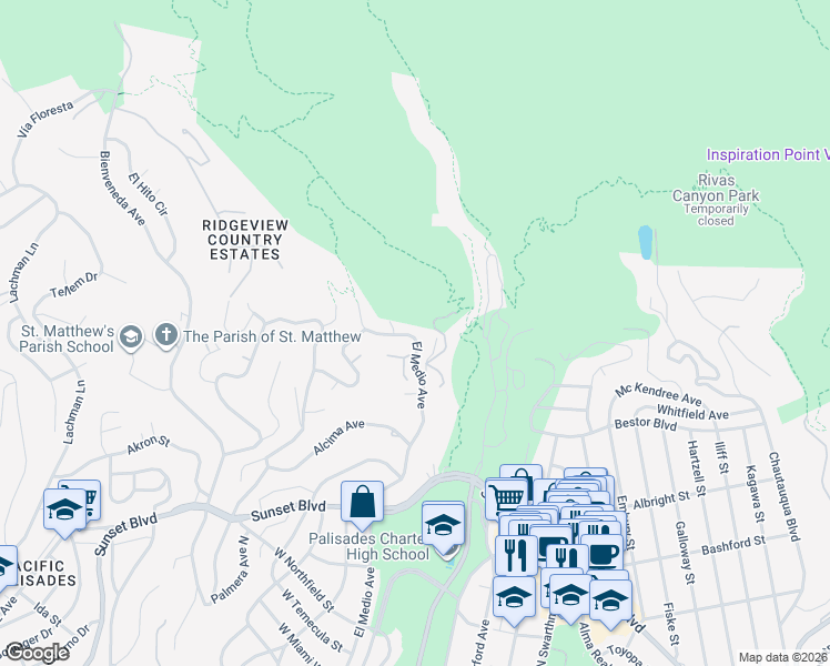 map of restaurants, bars, coffee shops, grocery stores, and more near 1122 El Medio Avenue in Los Angeles