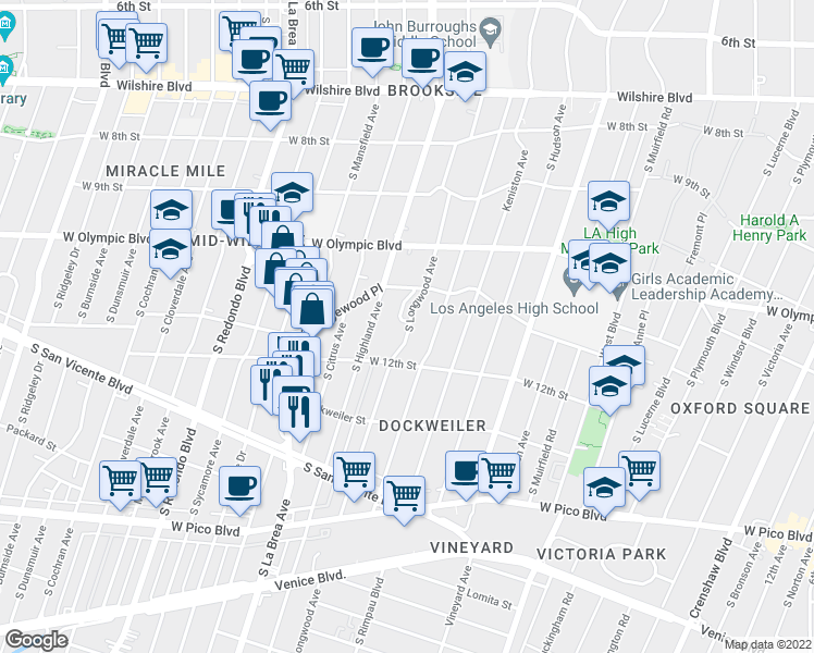 map of restaurants, bars, coffee shops, grocery stores, and more near 1145 Longwood Place in Los Angeles