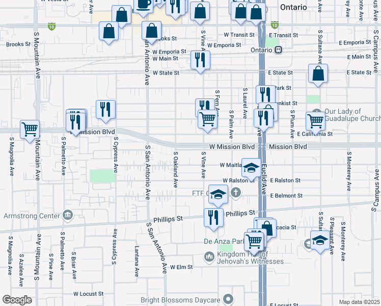 map of restaurants, bars, coffee shops, grocery stores, and more near 529 West Carlton Street in Ontario