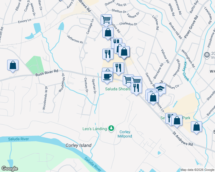 map of restaurants, bars, coffee shops, grocery stores, and more near 5125 Bush River Road in Columbia