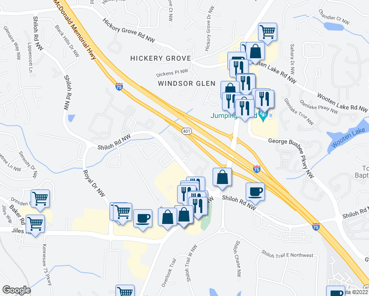 map of restaurants, bars, coffee shops, grocery stores, and more near 727 Walton Green Way Northwest in Kennesaw