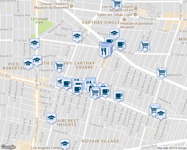map of restaurants, bars, coffee shops, grocery stores, and more near 1152 South Hayworth Avenue in Los Angeles