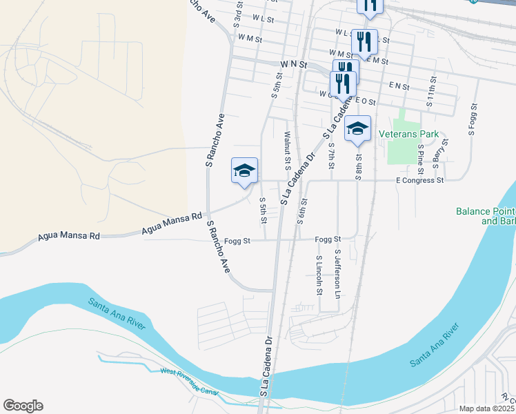 map of restaurants, bars, coffee shops, grocery stores, and more near 989 South 5th Street in Colton