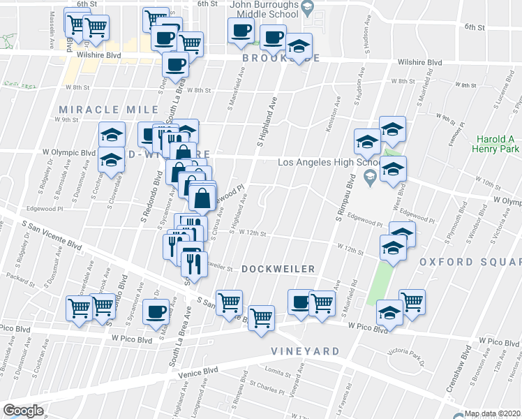 map of restaurants, bars, coffee shops, grocery stores, and more near 1145 South Longwood Avenue in Los Angeles