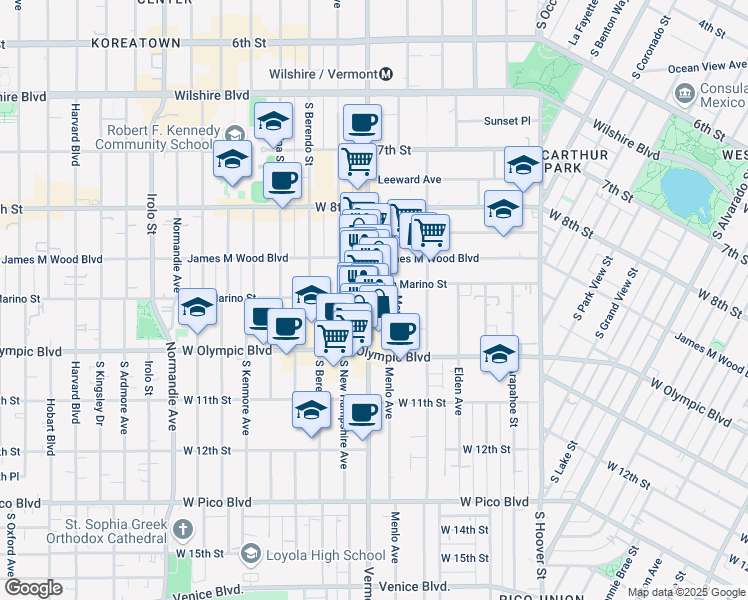 map of restaurants, bars, coffee shops, grocery stores, and more near 938 South Vermont Avenue in Los Angeles