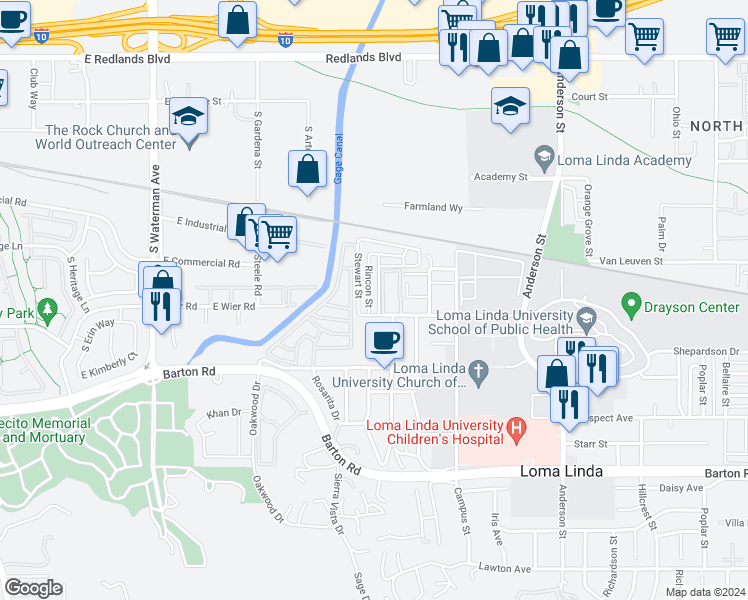 map of restaurants, bars, coffee shops, grocery stores, and more near 10977 Rincon Street in Loma Linda