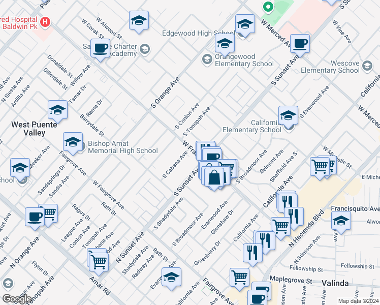 map of restaurants, bars, coffee shops, grocery stores, and more near 1706 South Cabana Avenue in West Covina
