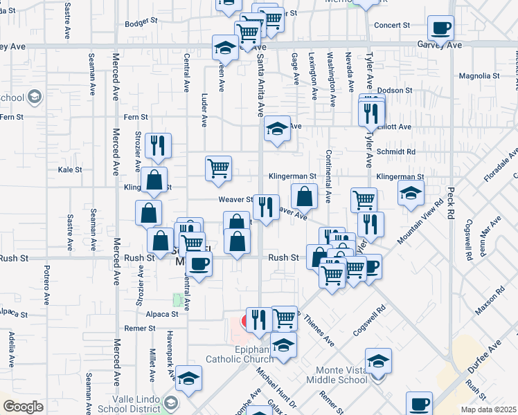 map of restaurants, bars, coffee shops, grocery stores, and more near 2227 Santa Anita Avenue in South El Monte