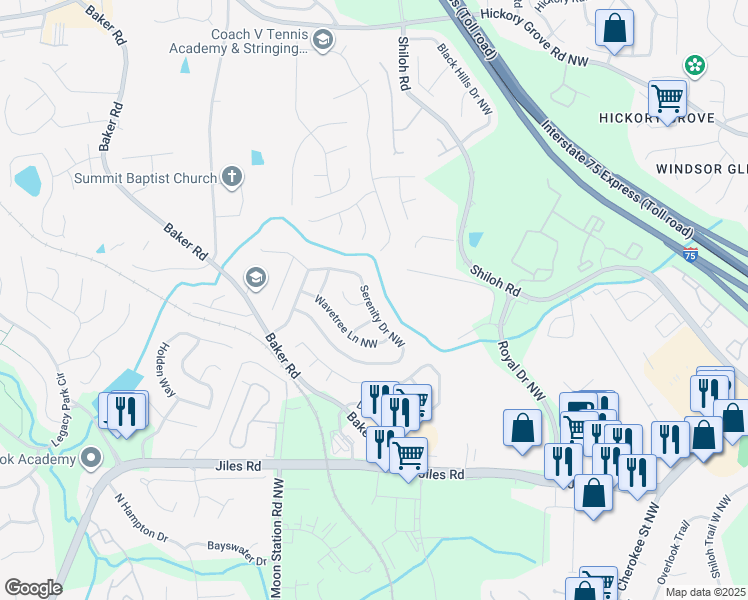 map of restaurants, bars, coffee shops, grocery stores, and more near 2194 Serenity Drive Northwest in Acworth