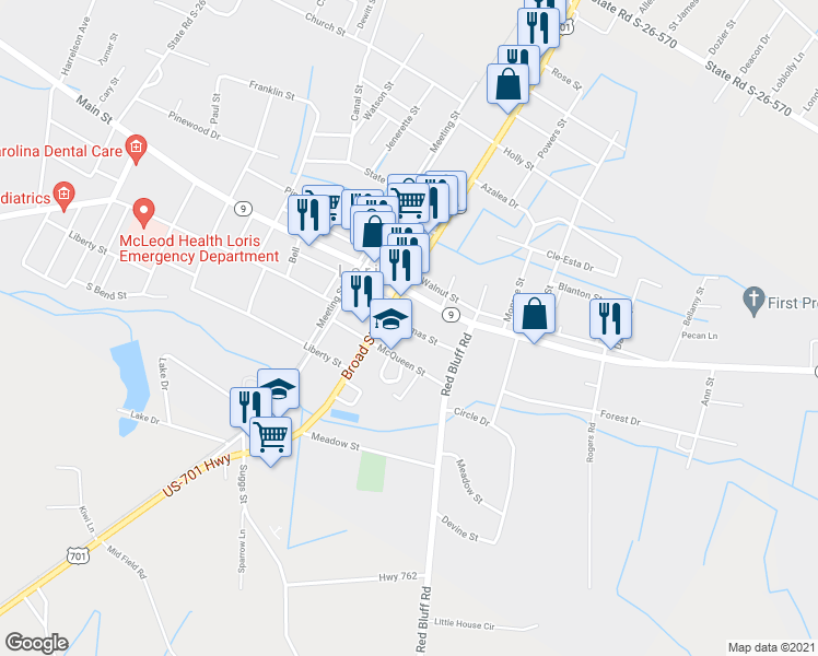 map of restaurants, bars, coffee shops, grocery stores, and more near 4245 Thomas Street in Loris
