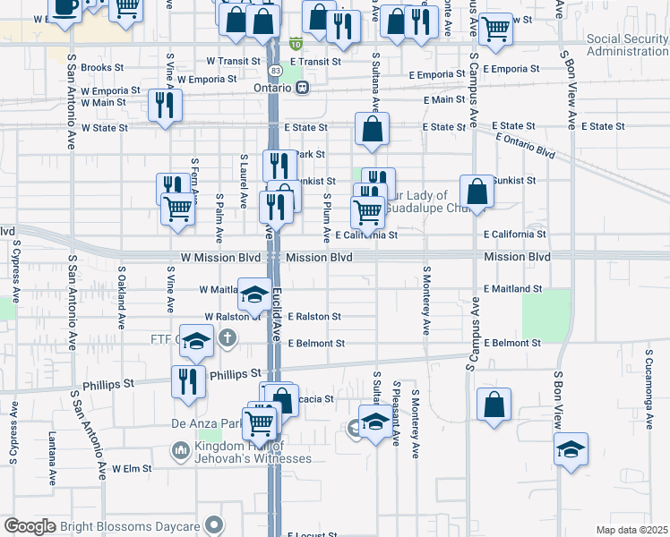 map of restaurants, bars, coffee shops, grocery stores, and more near 308 East Carlton Street in Ontario