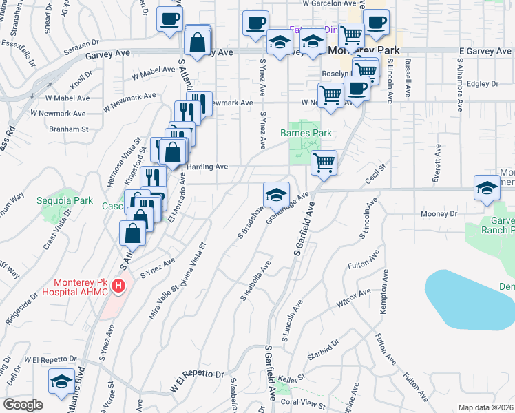 map of restaurants, bars, coffee shops, grocery stores, and more near 641 South Bradshawe Avenue in Monterey Park