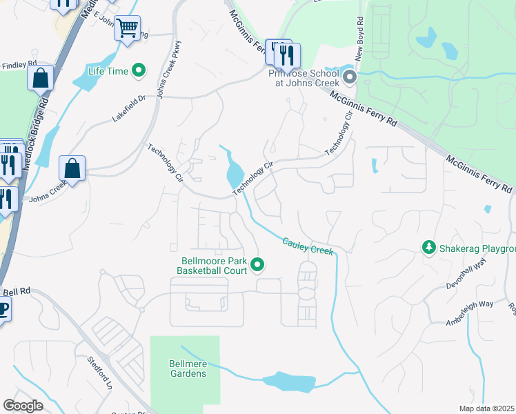 map of restaurants, bars, coffee shops, grocery stores, and more near 11165 Gates Terrace in Johns Creek