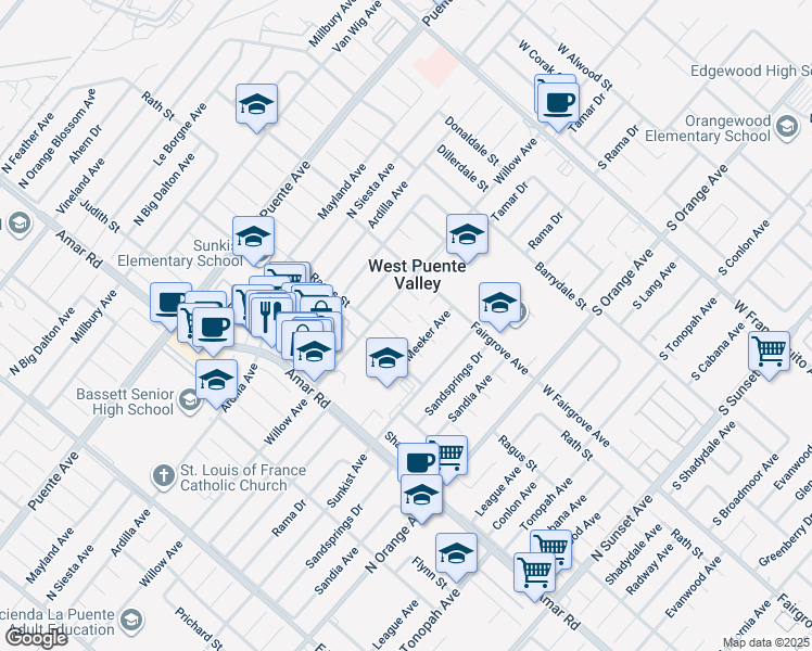 map of restaurants, bars, coffee shops, grocery stores, and more near 14130 Dancer St in La Puente
