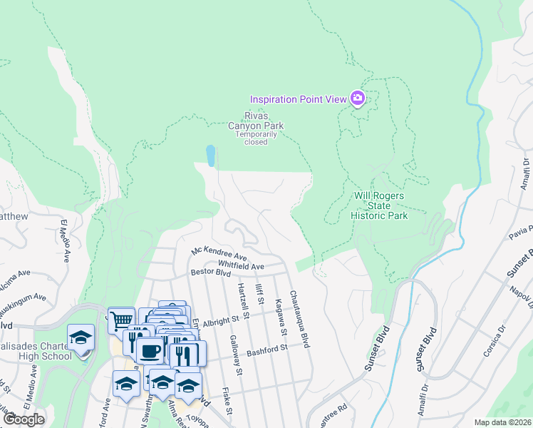 map of restaurants, bars, coffee shops, grocery stores, and more near 1342 Marinette Road in Los Angeles