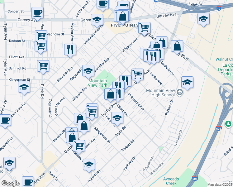 map of restaurants, bars, coffee shops, grocery stores, and more near 12247 Elliott Avenue in El Monte