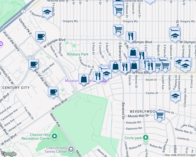 map of restaurants, bars, coffee shops, grocery stores, and more near 9800 Vidor Drive in Los Angeles