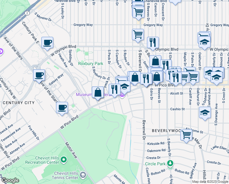 map of restaurants, bars, coffee shops, grocery stores, and more near 9800 Vidor Drive in Los Angeles