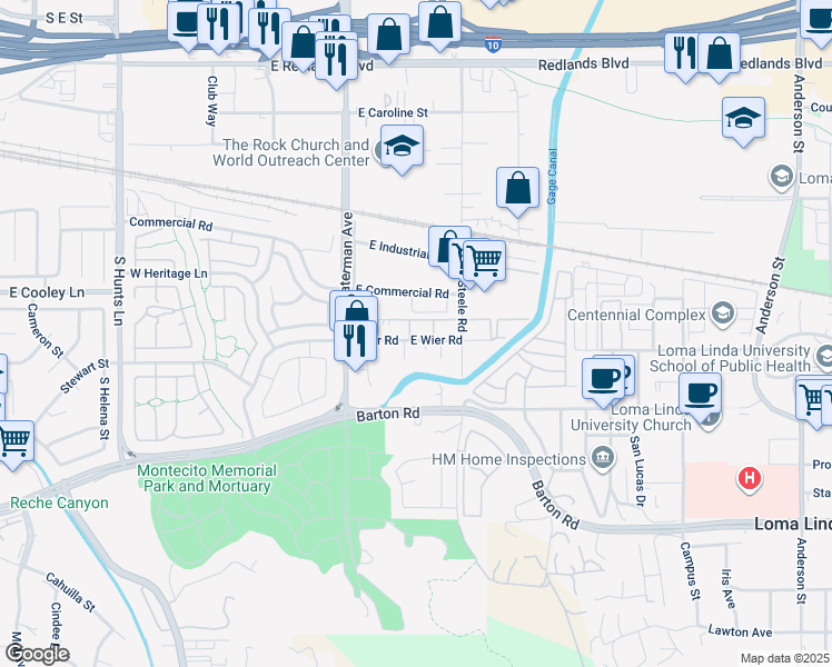 map of restaurants, bars, coffee shops, grocery stores, and more near 420 Wier Road in San Bernardino