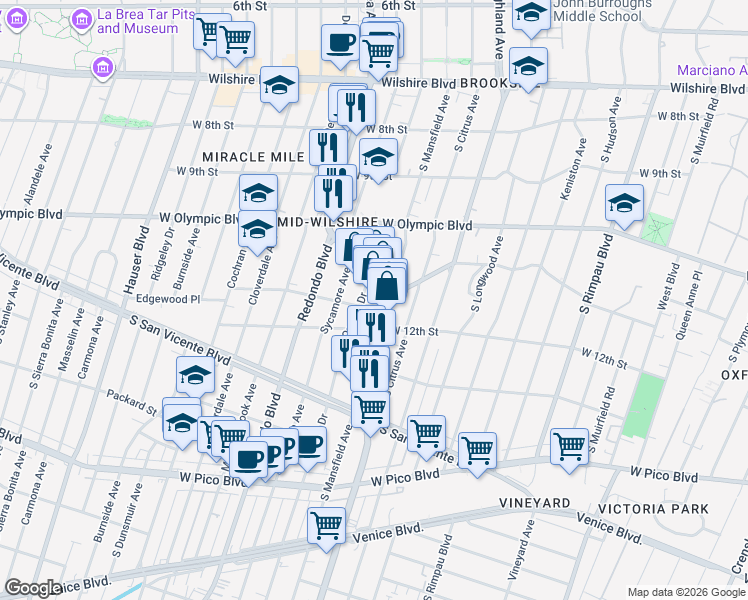 map of restaurants, bars, coffee shops, grocery stores, and more near 1119 South La Brea Avenue in Los Angeles