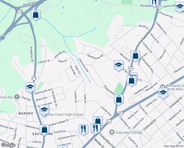 map of restaurants, bars, coffee shops, grocery stores, and more near 850 Delverton Road in Columbia