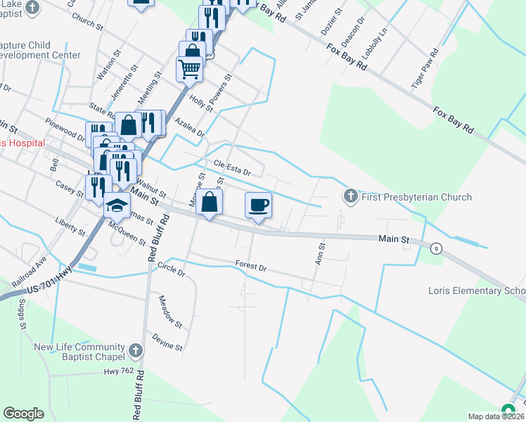 map of restaurants, bars, coffee shops, grocery stores, and more near 4364 Dawes Street in Loris