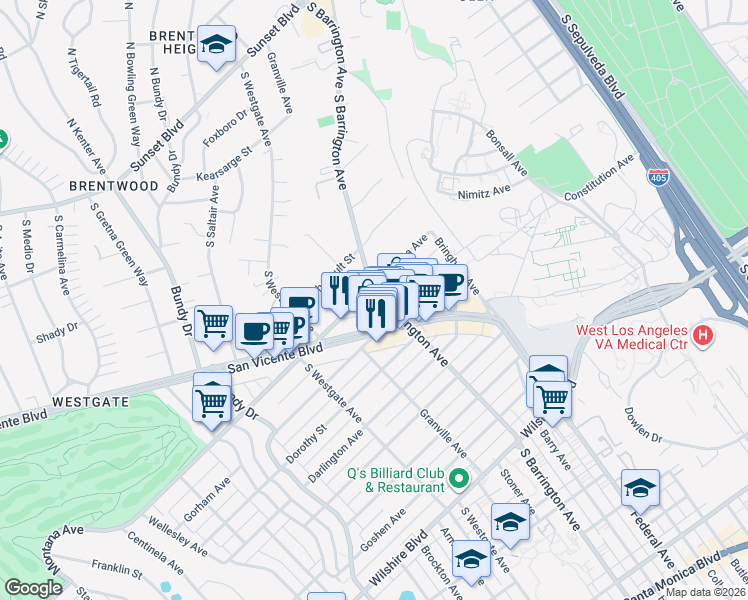 map of restaurants, bars, coffee shops, grocery stores, and more near 11706 Montana Avenue in Los Angeles