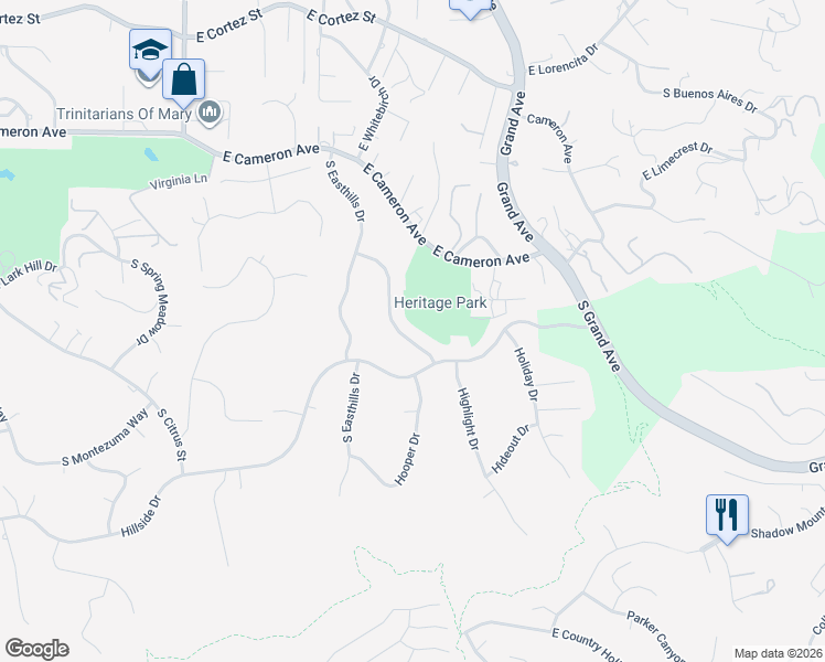 map of restaurants, bars, coffee shops, grocery stores, and more near 944 Heritage Drive in West Covina