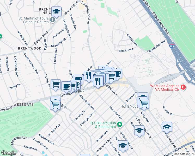 map of restaurants, bars, coffee shops, grocery stores, and more near 11706 Montana Avenue in Los Angeles