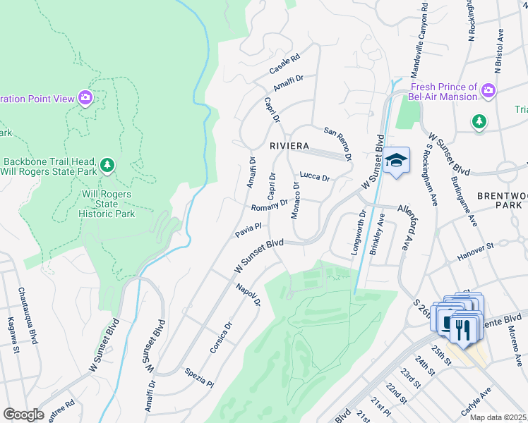 map of restaurants, bars, coffee shops, grocery stores, and more near 13600 Romany Drive in Los Angeles
