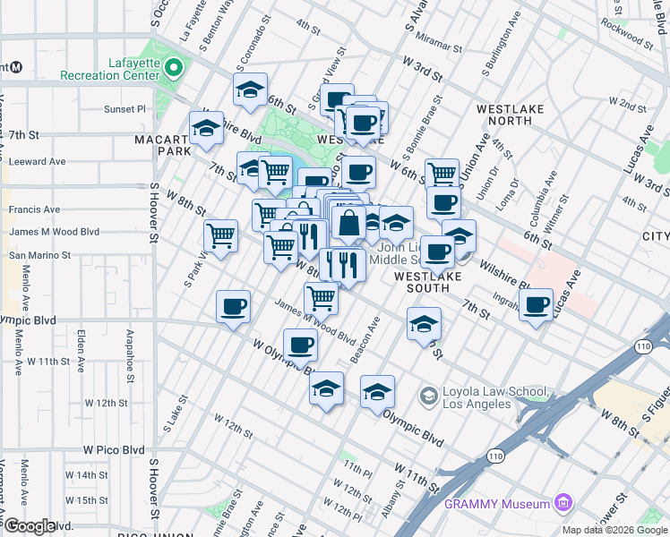 map of restaurants, bars, coffee shops, grocery stores, and more near 741 South Bonnie Brae Street in Los Angeles