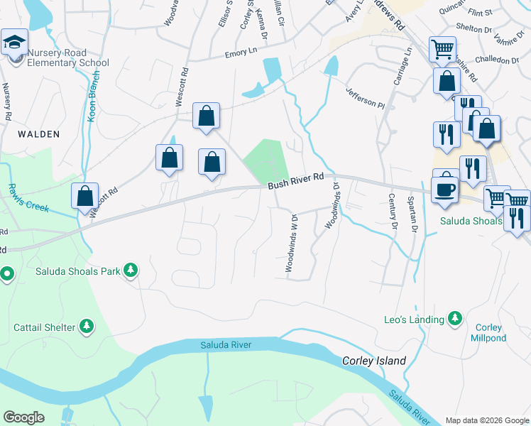 map of restaurants, bars, coffee shops, grocery stores, and more near 105 Gusty Court in Columbia