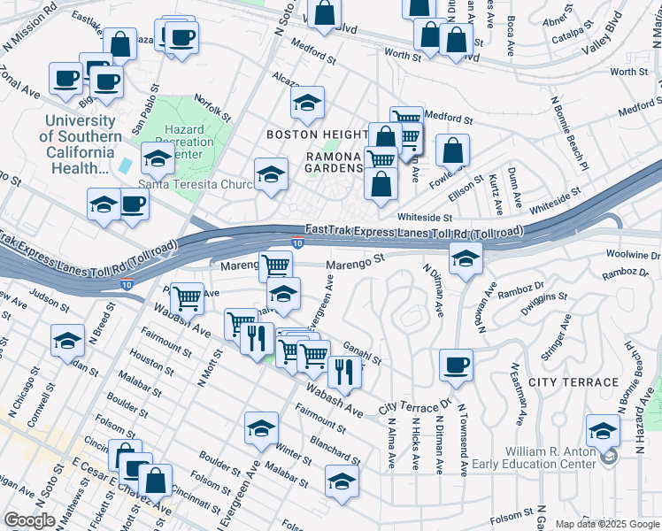 map of restaurants, bars, coffee shops, grocery stores, and more near Marengo St & N Evergreen Ave in Los Angeles