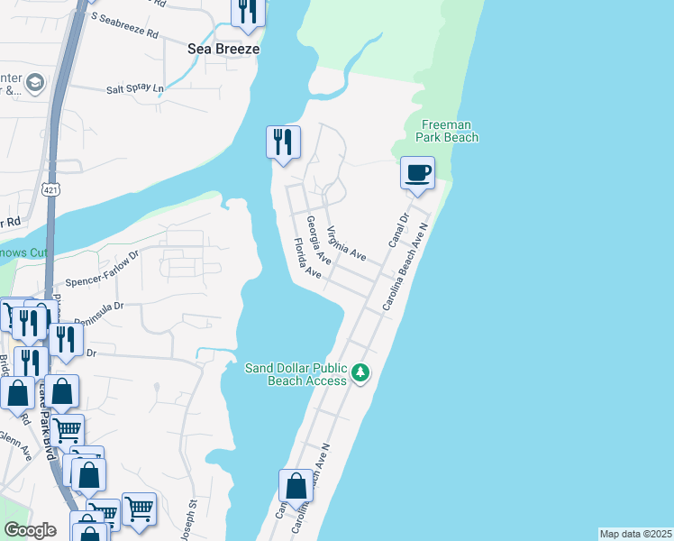 map of restaurants, bars, coffee shops, grocery stores, and more near 119 Georgia Avenue in Carolina Beach