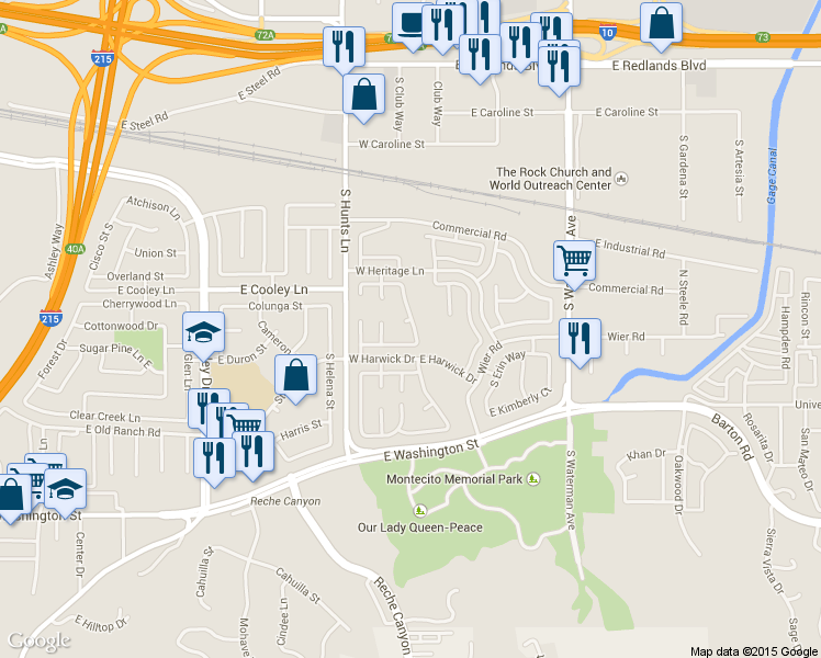 map of restaurants, bars, coffee shops, grocery stores, and more near 105 Eaton Court in San Bernardino