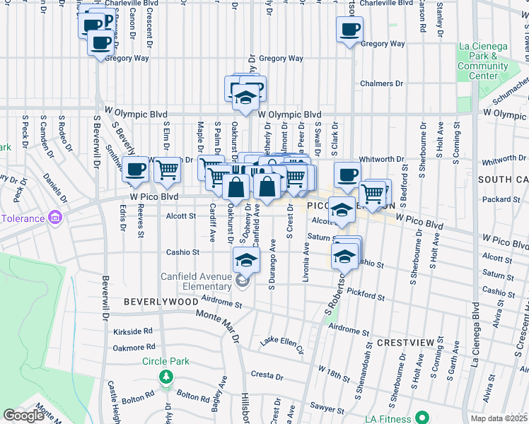 map of restaurants, bars, coffee shops, grocery stores, and more near 9043 Alcott Street in Los Angeles
