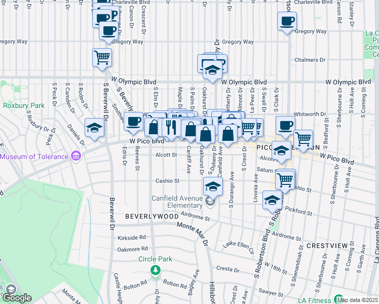 map of restaurants, bars, coffee shops, grocery stores, and more near 1424 Cardiff Avenue in Los Angeles