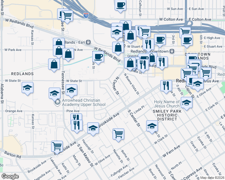 map of restaurants, bars, coffee shops, grocery stores, and more near 77 North Center Street in Redlands