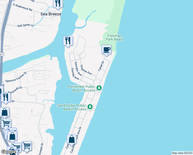 map of restaurants, bars, coffee shops, grocery stores, and more near 1600 Canal Drive in Carolina Beach