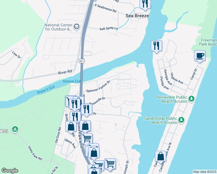 map of restaurants, bars, coffee shops, grocery stores, and more near 1509 Drill Shell Lane in Carolina Beach