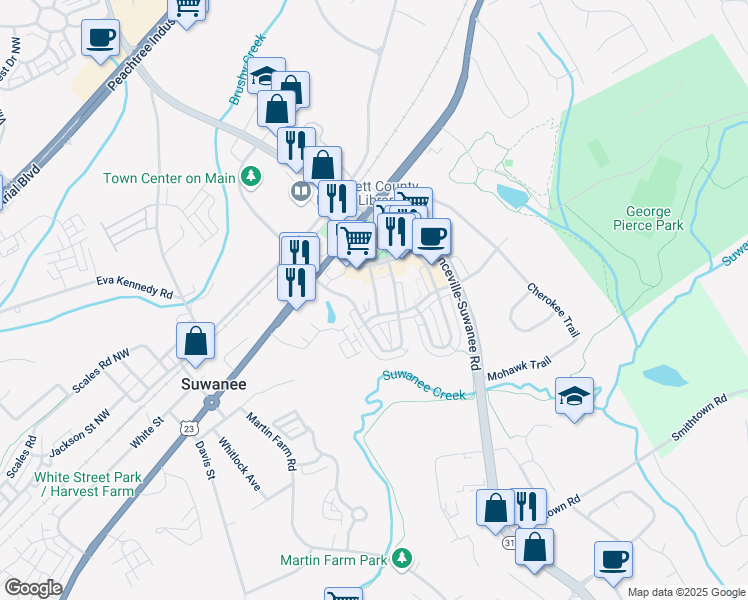 map of restaurants, bars, coffee shops, grocery stores, and more near 3930 Charleston Market Street Northwest in Suwanee