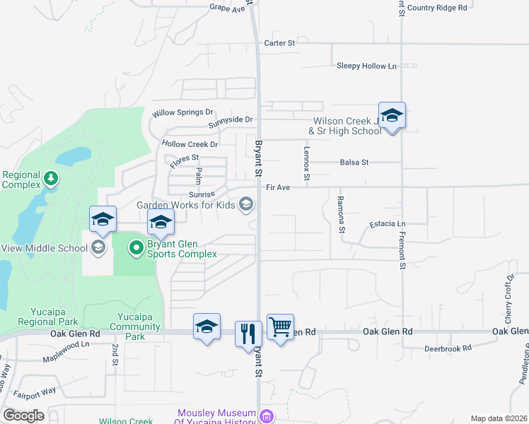 map of restaurants, bars, coffee shops, grocery stores, and more near 35316 Dry Creek Road in Yucaipa