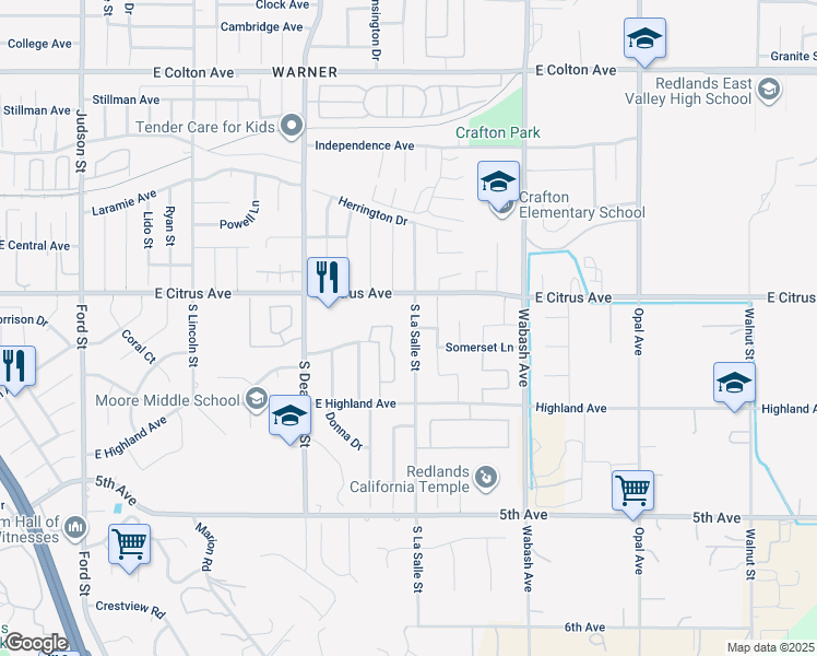 map of restaurants, bars, coffee shops, grocery stores, and more near 35 Meadowbrook Lane in Redlands