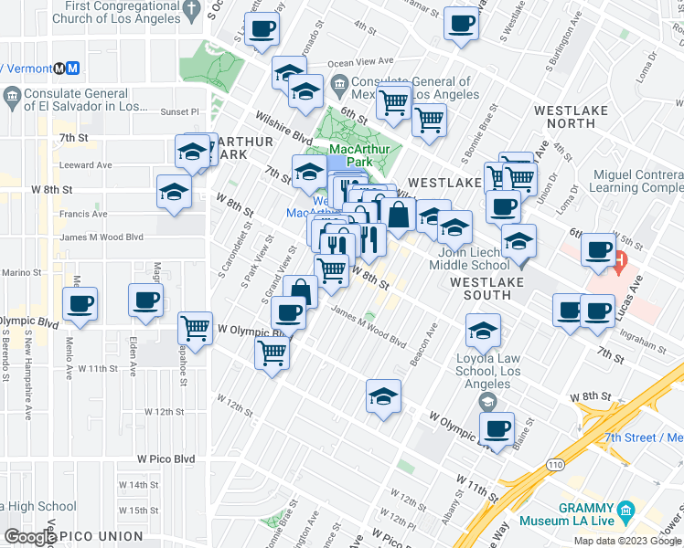 map of restaurants, bars, coffee shops, grocery stores, and more near 806 1/2 South Alvarado Street in Los Angeles