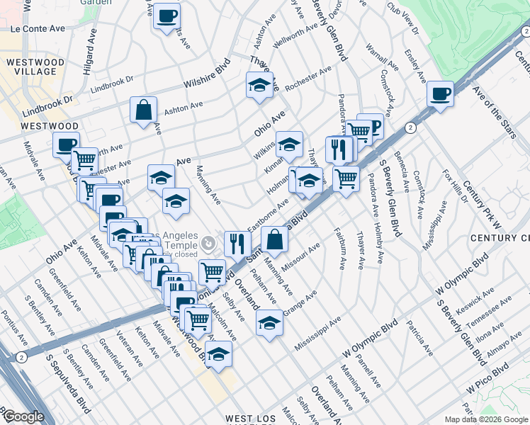 map of restaurants, bars, coffee shops, grocery stores, and more near 10617 Eastborne Avenue in Los Angeles