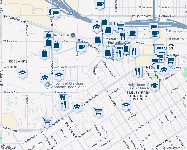 map of restaurants, bars, coffee shops, grocery stores, and more near 77 North Center Street in Redlands