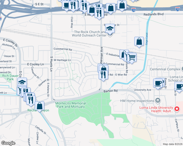 map of restaurants, bars, coffee shops, grocery stores, and more near 249 East Carol Way in San Bernardino
