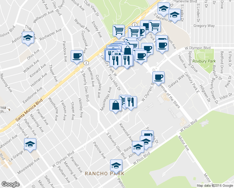 map of restaurants, bars, coffee shops, grocery stores, and more near 2030 Kerwood Avenue in Los Angeles